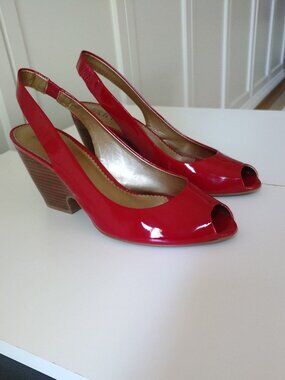 Franco Sarto Red Patent Leather Wedge Slingback Peeptoes, Size 8